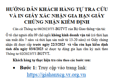 Hướng dẫn khách hàng tự tra cứu và in giấy gia hạn kiểm định theo TT08/2023/TT-BGTVT