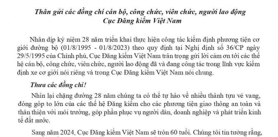 Thư ngỏ của Cục Đăng kiểm Việt Nam nhân kỷ niệm 28 năm triển khai công tác đăng kiểm xe cơ giới